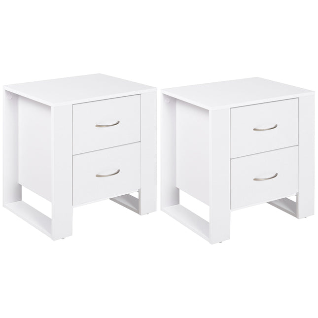 Set of 2 Bedside Tables with 2 Drawers and Handles, Elevated Base - White