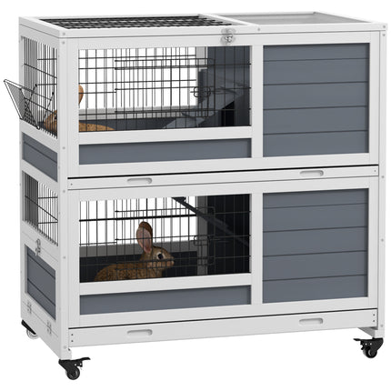 Double Deckers Indoor Guinea Pig Cage Rabbit Hutch with Feeding Trough, Trays, Ramps, Openable Top - Grey