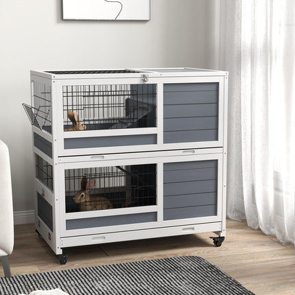 Double Deckers Indoor Guinea Pig Cage Rabbit Hutch with Feeding Trough, Trays, Ramps, Openable Top - Grey