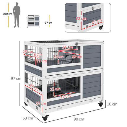 Double Deckers Indoor Guinea Pig Cage Rabbit Hutch with Feeding Trough, Trays, Ramps, Openable Top - Grey