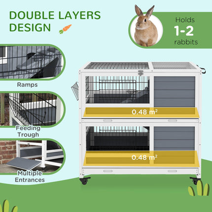 Double Deckers Indoor Guinea Pig Cage Rabbit Hutch with Feeding Trough, Trays, Ramps, Openable Top - Grey