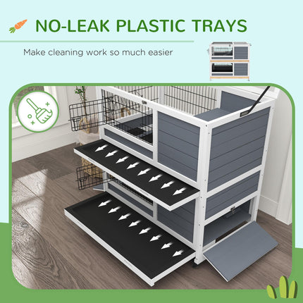 Double Deckers Indoor Guinea Pig Cage Rabbit Hutch with Feeding Trough, Trays, Ramps, Openable Top - Grey