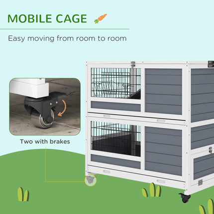 Double Deckers Indoor Guinea Pig Cage Rabbit Hutch with Feeding Trough, Trays, Ramps, Openable Top - Grey
