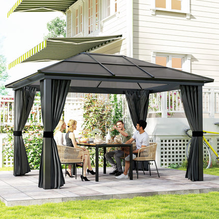 3 x 3.6 Metre Hardtop Gazebo with Polycarbonate Roof and Curtains - Dark Grey