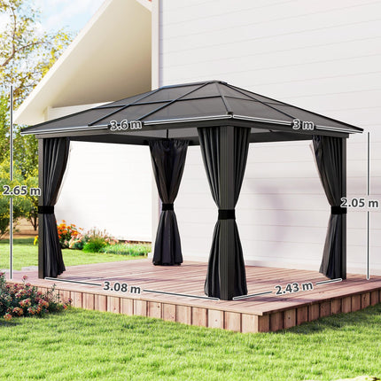 3 x 3.6 Metre Hardtop Gazebo with Polycarbonate Roof and Curtains - Dark Grey