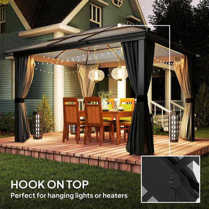 3 x 3.6 Metre Hardtop Gazebo with Polycarbonate Roof and Curtains - Dark Grey