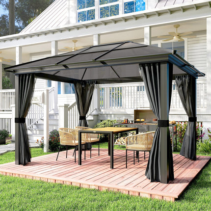 3 x 3.6 Metre Hardtop Gazebo with Polycarbonate Roof and Curtains - Dark Grey