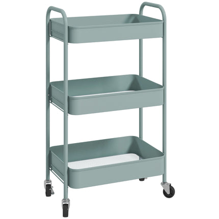 Three-Tier Steel Storage Trolley with Wheels and Brakes - Light Blue