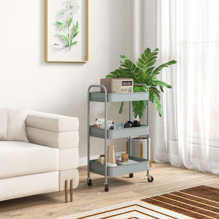 Three-Tier Steel Storage Trolley with Wheels and Brakes - Light Blue