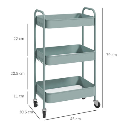 Three-Tier Steel Storage Trolley with Wheels and Brakes - Light Blue