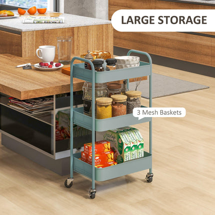 Three-Tier Steel Storage Trolley with Wheels and Brakes - Light Blue