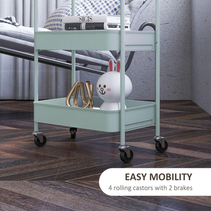 Three-Tier Steel Storage Trolley with Wheels and Brakes - Light Blue