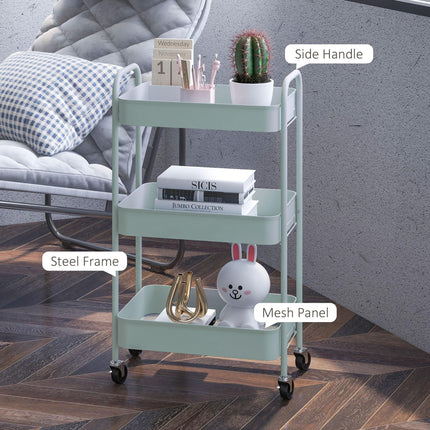Three-Tier Steel Storage Trolley with Wheels and Brakes - Light Blue