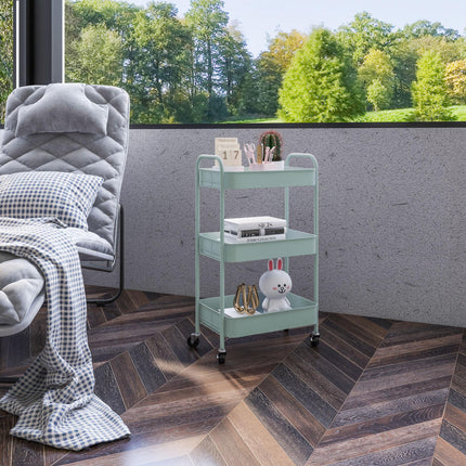 Three-Tier Steel Storage Trolley with Wheels and Brakes - Light Blue