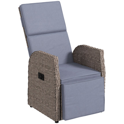 148° Reclining Rattan Garden Armchair with Footrest and Cushion - Brown/Grey