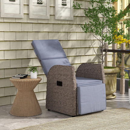 148° Reclining Rattan Garden Armchair with Footrest and Cushion - Brown/Grey