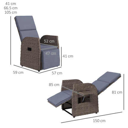 148° Reclining Rattan Garden Armchair with Footrest and Cushion - Brown/Grey