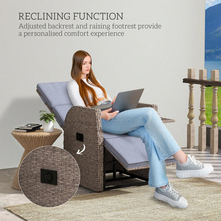 148° Reclining Rattan Garden Armchair with Footrest and Cushion - Brown/Grey