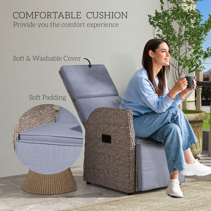 148° Reclining Rattan Garden Armchair with Footrest and Cushion - Brown/Grey