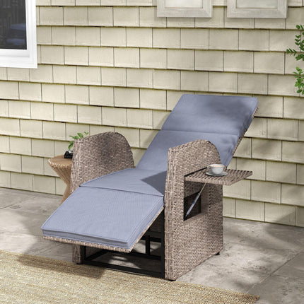 148° Reclining Rattan Garden Armchair with Footrest and Cushion - Brown/Grey