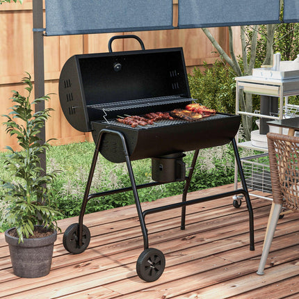 Outdoor Wheeled Charcoal Barbecue Grill Trolley Large Cooking Area - Black