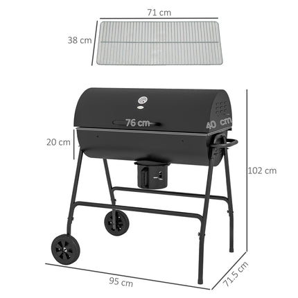 Outdoor Wheeled Charcoal Barbecue Grill Trolley Large Cooking Area - Black