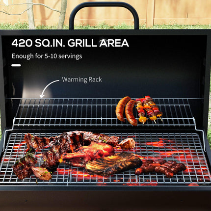 Outdoor Wheeled Charcoal Barbecue Grill Trolley Large Cooking Area - Black