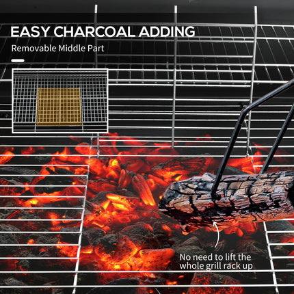 Outdoor Wheeled Charcoal Barbecue Grill Trolley Large Cooking Area - Black