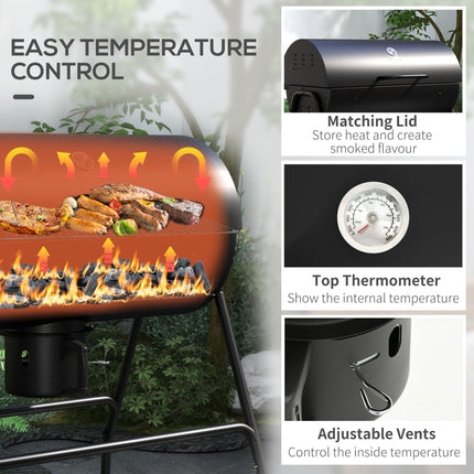 Outdoor Wheeled Charcoal Barbecue Grill Trolley Large Cooking Area - Black