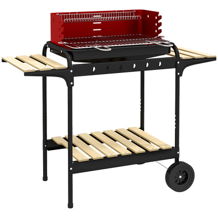 Adjustable Height Charcoal BBQ Grill Trolley with Large Cooking Area - Red