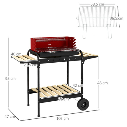 Adjustable Height Charcoal BBQ Grill Trolley with Large Cooking Area - Red