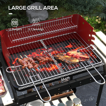 Adjustable Height Charcoal BBQ Grill Trolley with Large Cooking Area - Red