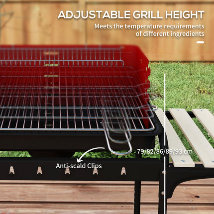 Adjustable Height Charcoal BBQ Grill Trolley with Large Cooking Area - Red