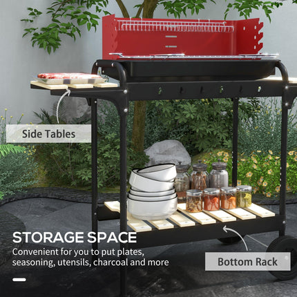 Adjustable Height Charcoal BBQ Grill Trolley with Large Cooking Area - Red