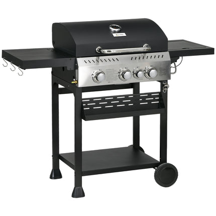 4 Burner Gas BBQ Grill Trolley with Warming Rack - Black Galvanised Steel