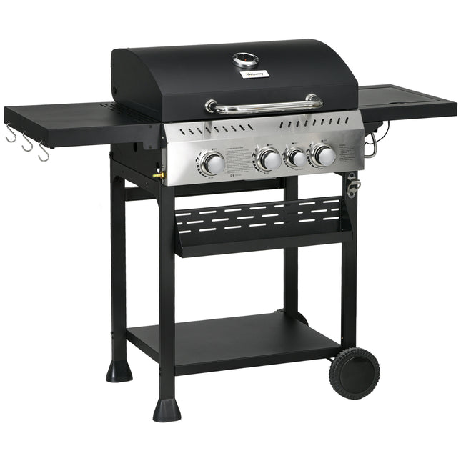 4 Burner Gas BBQ Grill Trolley with Warming Rack - Black Galvanised Steel
