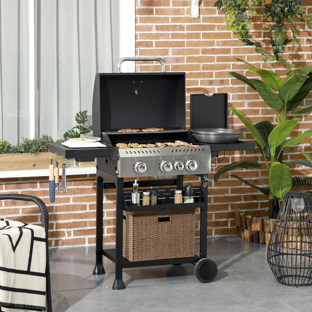 4 Burner Gas BBQ Grill Trolley with Warming Rack - Black Galvanised Steel
