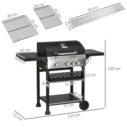 4 Burner Gas BBQ Grill Trolley with Warming Rack - Black Galvanised Steel