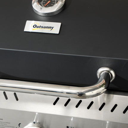 4 Burner Gas BBQ Grill Trolley with Warming Rack - Black Galvanised Steel