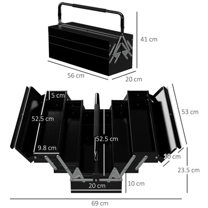 3 Tier 5 Tray Professional Portable Metal Toolbox 56x20x34cm - Black