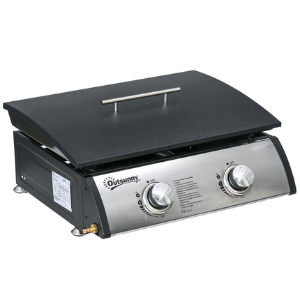 Portable Tabletop Gas Plancha Grill with Dual Burners and Non-Stick Enamel Plate - Black