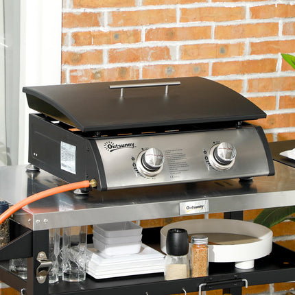 Portable Tabletop Gas Plancha Grill with Dual Burners and Non-Stick Enamel Plate - Black