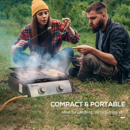 Portable Tabletop Gas Plancha Grill with Dual Burners and Non-Stick Enamel Plate - Black