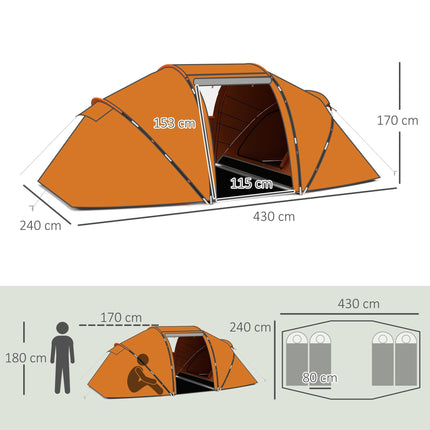 4 to 6 Person Family Camping Tent with UV Protection - Orange