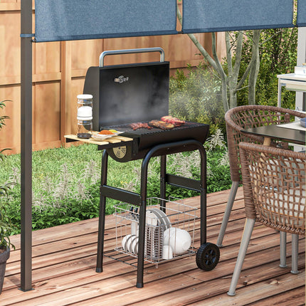 Outdoor Wheeled Charcoal BBQ Grill Trolley with Adjustable Heat Control - Black