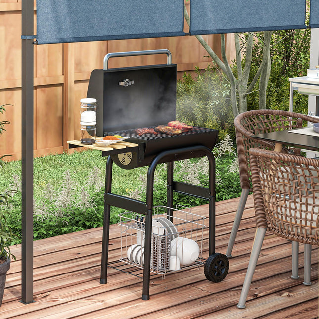 Outdoor Wheeled Charcoal BBQ Grill Trolley with Adjustable Heat Control - Black