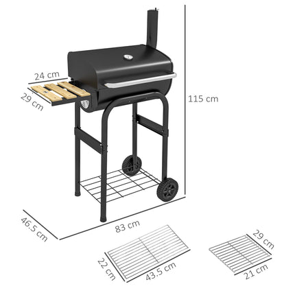 Outdoor Wheeled Charcoal BBQ Grill Trolley with Adjustable Heat Control - Black