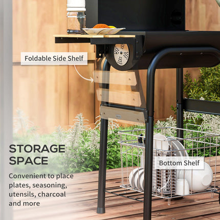 Outdoor Wheeled Charcoal BBQ Grill Trolley with Adjustable Heat Control - Black
