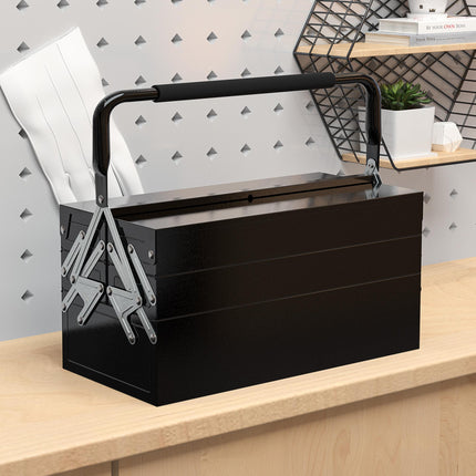 3 Tier 5 Tray Metal Toolbox 45x22.5x34.5cm Portable with Carry Handle - Black