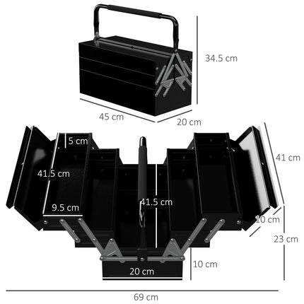 3 Tier 5 Tray Metal Toolbox 45x22.5x34.5cm Portable with Carry Handle - Black